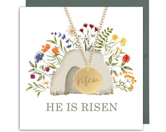 He is Risen Gold Disk Necklace with Watercolor Empty Tomb, Greeting Card, Easter Jewelry for Women, Resurrection Matthew 28:6 Bible Verse