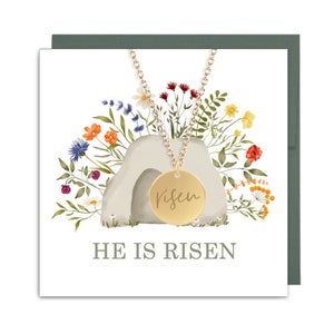 Hij is verrezen gouden schijfketting met aquarel leeg graf, wenskaart, paassieraden voor vrouwen, opstanding Matteüs 28:6 bijbelvers