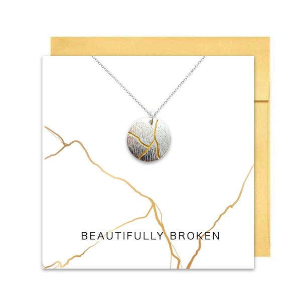 Kintsugi Necklace & Card, Kintsugi Inspired Pottery, Beautifully Broken Gift, Healing Encouragement Recovery Gift, I am Whole, Gold Cracks