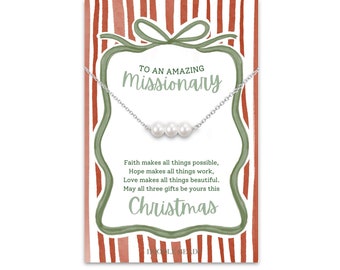 Sister Missionary Necklace, Dainty Three Pearl Bar Pendant, Faith Hope Love Jewelry