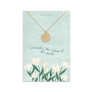 Considere os Lírios do Campo, Colar com Buquê de Flores de Lírio-de-Calla, Medalhão Floral Redondo Moderno, Cartão Floral em Aquarela, Presente para Mulheres