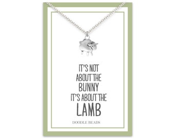 Religious Easter Lamb Necklace Jewelry Gift for Girls, Tiny Silver Fluffy Lamb Pendant & Card, It's Not About the Bunny It's About The Lamb