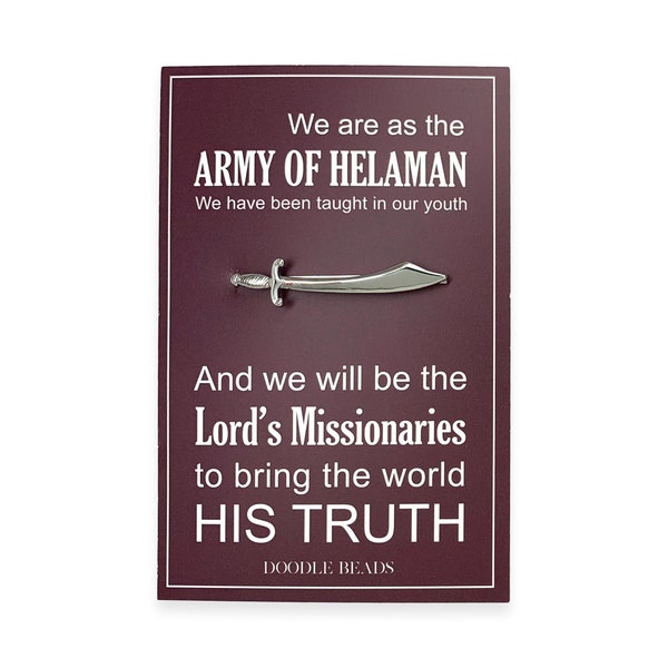 Sword tie bar,  silver sword tie clip with card  Army of Helaman... Lord's missionaries..." LDS missionary gifts, LDS youth Young Men Gifts