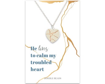 Collier pendentif coeur Kintsugi, bijoux inspirés de la poterie Kintsugi et carte d'art, il vit pour calmer mon coeur troublé, cadeau de guérison de coeur brisé