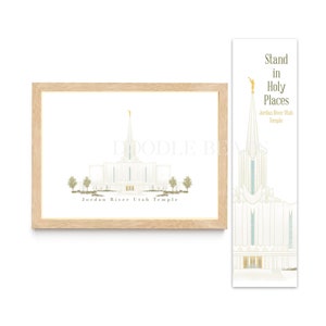 May include: A framed print of a white temple with a gold spire. The temple is surrounded by trees and the text "Jordan River Utah Temple" is printed below. A bookmark with the text "Stand in Holy Places Jordan River Utah Temple" is also shown.