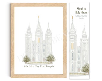 Salt Lake City Utah Temple Watercolor Wall Art Printable & Bookmarks, Digital Download, LDS SLC Temple Painting, Home Decor, Wedding Gift