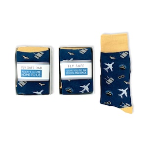 Novelty Airplane Socks for Pilot or Flight Attendant, Fly Safe Aviation Gift for Dad Husband Boyfriend, Cozy Funny Travel Socks for Pilot