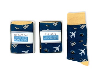 Novelty Airplane Socks for Pilot or Flight Attendant, Fly Safe Aviation Gift for Dad Husband Boyfriend, Cozy Funny Travel Socks for Pilot