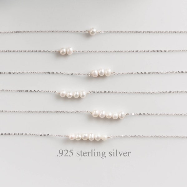 Pearl Bar Necklace for Women, Mother of 1,2,3,4,5,6, Bridesmaid Necklace, Dainty Simple Necklace, June Birthstone, Sterling Silver, 14K Gold