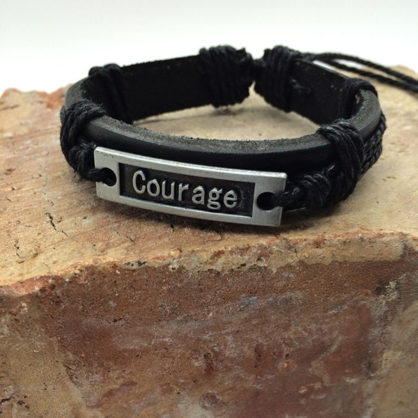 Courage Bracelet - Black Leather with brushed silver metal plate embossed Courage- Unisex leather rope adjustable bracelet boys YM Young Men