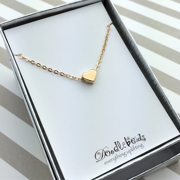 Tiny Silver or Gold Heart Necklace - small gold heart necklace, choose carded with message, side by side or miles apart... or in a gift box