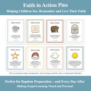 LDS Baptismal Prep Gift for Primary Kids, Covenant Path Reminder Pins, Baptism Present, Faith in Action Symbols, Scripture Tote Accessory