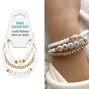 Juego de regalo de pulseras de cuentas para bautismo de LDS para niña, 3 piezas de pulseras apilables con cuentas Faith Daisy, Feliz día del bautismo, lo seguiré con fe