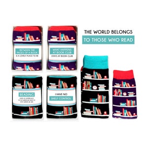 May include: Four pairs of socks with a book theme. The socks feature a bookshelf design with colourful books. The socks are packaged in boxes with quotes about reading. The quotes are: "Between the pages of a book is a lovely place to be", "What happens at book club stays at book club", "Reading gives us someplace to go when we have to stay where we are", and "I have no shelf control". The world belongs to those who read.