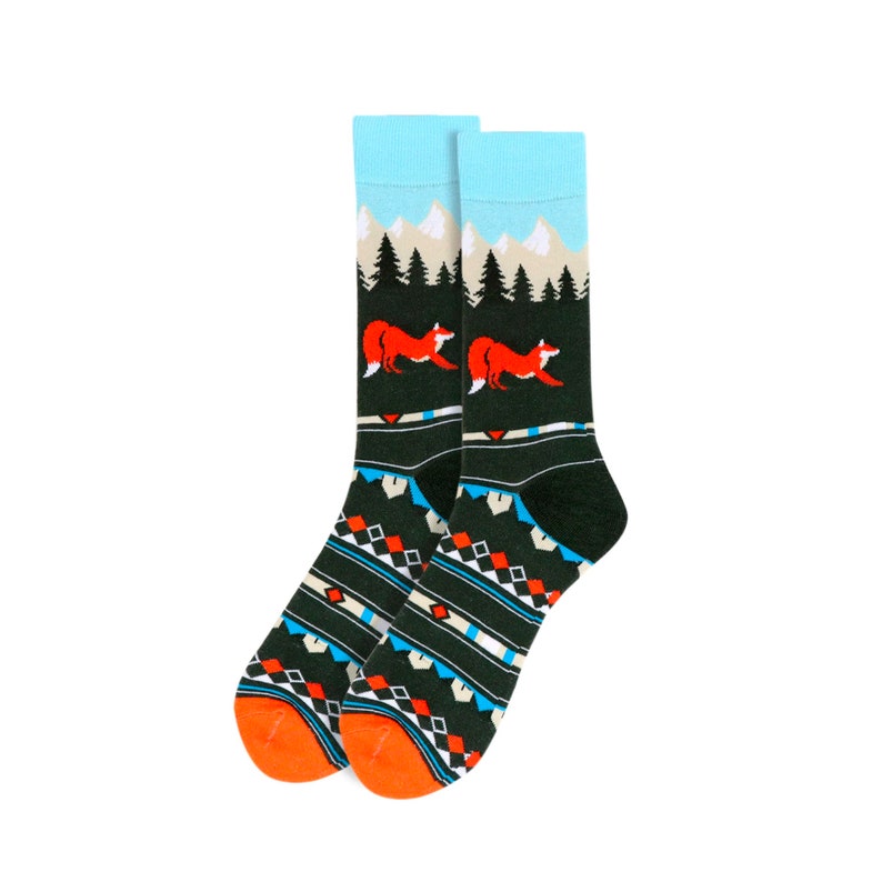 Outdoor Adventure Lover Gift for men, Colorful Novelty Fox socks, Mountain & Forest Tree socks, gift for husband, boyfriend, son birthday socks only