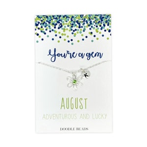 Collier de pierre de naissance de petite fille personnalisé, cadeau d'anniversaire d'août de jeune fille, collier de fleur de pierre de naissance de péridot avec le charme initial et la carte