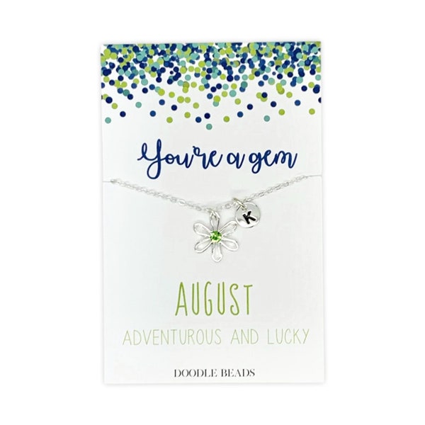 Little Girls Birthstone Necklace Personalized, Young Girl August Birthday Gift, Peridot Birthstone Flower Necklace with initial charm & card