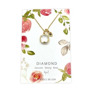 Diamond Birthstone Necklace Personalized, gold leaf initial charm, April Birthday Gift for her, Personalized Crystal Bridesmaid Jewelry Gift