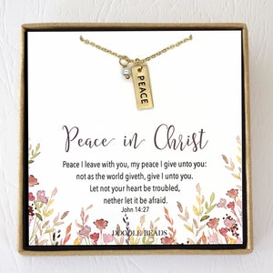 Presente de simpatia religiosa, presente edificante, condolências de encorajamento, colar com cartão de paz, citação bíblica de paz que deixo com você, João 14:27