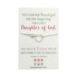 LDS Junge Frauen Geschenk, zierliche Silber Herz Perle Kette Armband mit Karte Zitat Tochter Gottes, YW Geschenke, HLT Geschenke für Mädchen, einstellbar