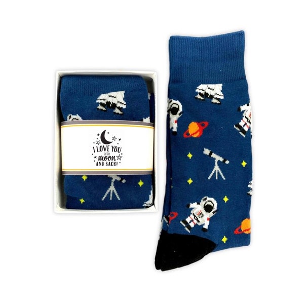 I love you to the moon and back, Husband Gift, Boyfriend Gift, Daddy Gift, Space theme Gifts for him, men's Astronaut Space Socks, Gift box