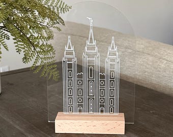 Salt Lake Temple Art, LDS Decor & Gifts, Clear Acrylic Engraved Sign with Wood Base, Line Art, Display on Shelf, Mantle or Desk, Home Decor