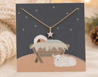 Gold CZ North Star Necklace, Nativity Christmas Jewelry, Baby Jesus Manger Card