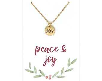 Tiny Joy Necklace, Christmas Jewelry, holiday gift ideas for her, silver or gold Joy pendant with Christmas card, Peace and Joy quote card