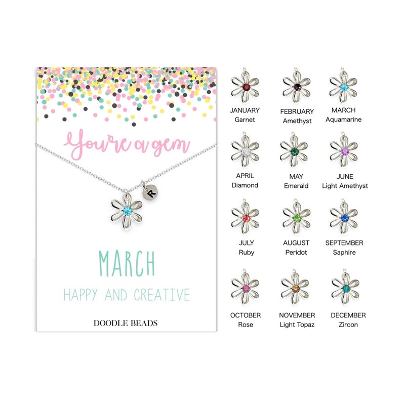 little girls personalized custom birthstone Initial flower necklace on silver adjustable chain with you're a gem affirmation card