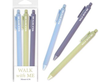 May include: A set of pens in a clear package and three loose pens. The pens are in shades of blue, green, and purple. The text "WALK WITH ME" is printed on the pens and the package. The text "Moses 6:34" is printed on the package.