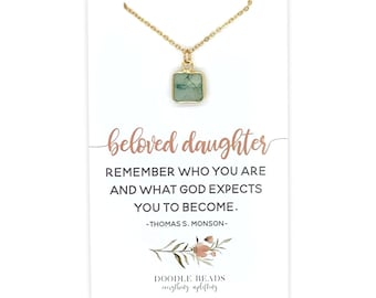 New Young Women theme 2022 LDS Jewelry, Beloved Daughter Gemstone Necklace w/ card, Remember who you are & what God expects you to become