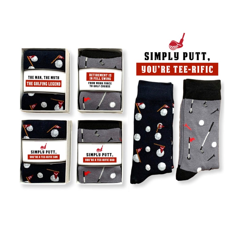 May include: Four gift boxes with golf-themed socks and the text "Simply Putt, You're Tee-Rific" on the front. The boxes feature different golf-related sayings and images. Two pairs of socks are shown, one pair is navy blue with white golf balls and the other pair is gray with white golf balls.