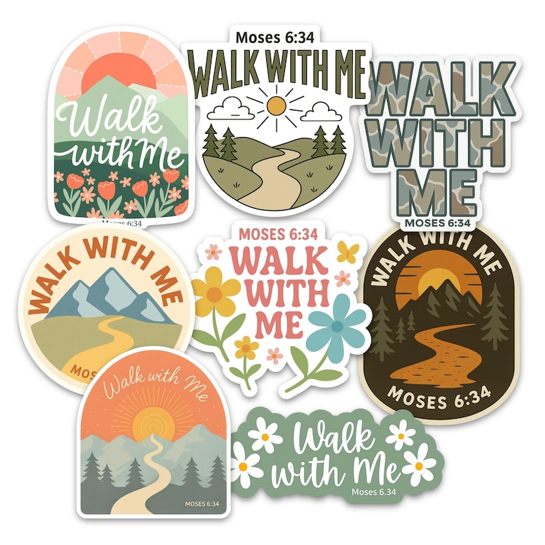 May include: A collection of colorful stickers with the phrase "Walk with Me" and the Bible verse Moses 6:34. Designs include landscapes with mountains, suns, and paths, and floral elements. The stickers are in various shapes and sizes.