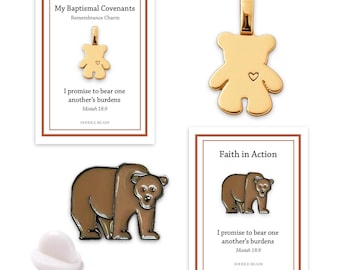 Baptism Bear Charm or Pin, Bear One Another's Burden's Covenant Reminder, LDS Gift for Girl or Boy,  Keepsake, Clip-On Charm for Bracelet