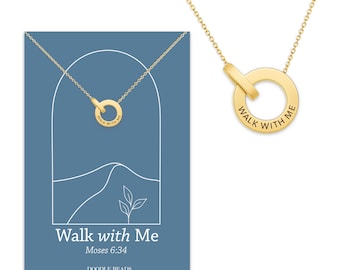 Gehen Sie mit mir 2026 YW Halskette Geschenk, LDS Jugend Thema Schmuck für junge Frauen, Schwester Missionarin, ineinander greifende Goldringe, Moses 6:34 Anhänger