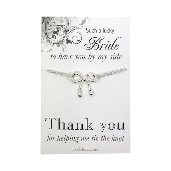 SALE - Bridesmaids gifts,  Bridesmaid Thank you gift, Tiny  silver Bow Bracelet with card - Thank you for helping me tie the knot!