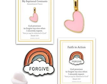 Forgive Rainbow Pin or Pink Heart Charm, LDS Baptism Gift for Girls, Repentance Covenant Reminder, Forgiveness, Enamel Clip On Charm