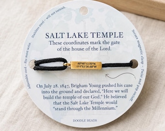 Salt Lake Temple GPS Coordinates Bracelet, Engraved Stainless Steel Bar, Adjustable Cord, Open House Keepsake