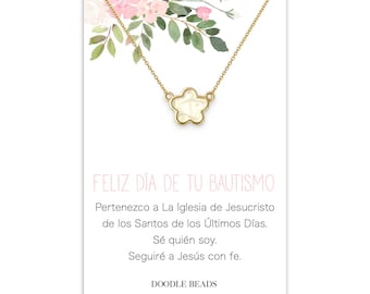 Spanish Baptism Gift for Girl, Flower Necklace, LDS Jewelry, Feliz Día de Tu Bautismo Card, Pearl Enamel Necklace, Church of Jesus Christ