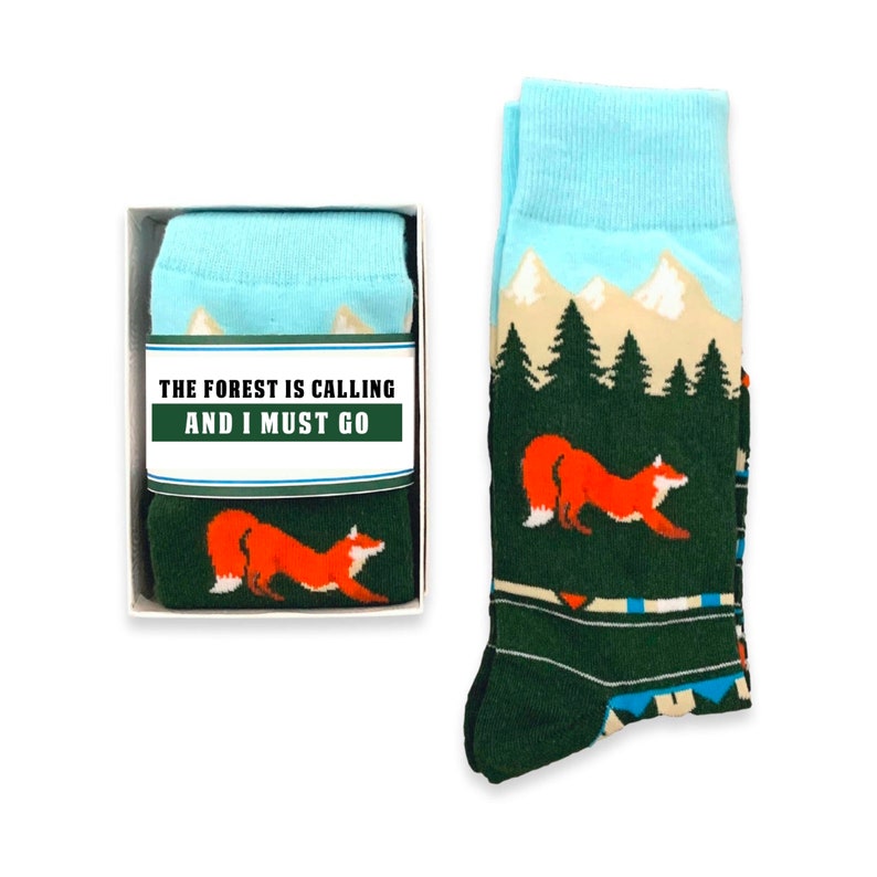 Outdoor Adventure Lover Gift for men, Colorful Novelty Fox socks, Mountain & Forest Tree socks, gift for husband, boyfriend, son birthday forest is calling