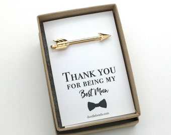 Gift for Best Man Groomsmen Gifts, Arrow tie bar, silver or gold arrow tie clip carded Thank you for being my groomsman, wedding party gifts