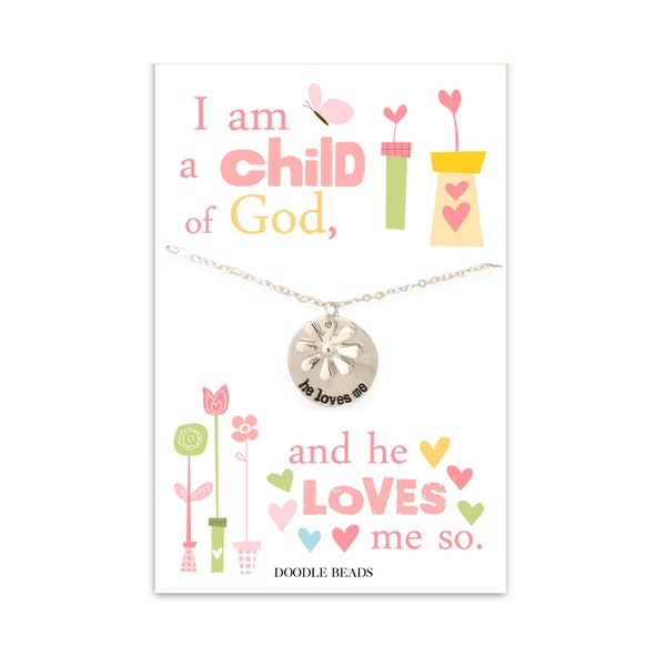I am a Chid of God and He Loves Me, Christian Jewelry for little Girls, LDS Primary Girl Necklace, He loves Me Dainty Flower Disc Necklace
