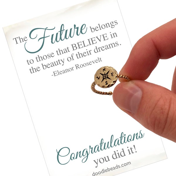 Graduation Gift, Gold or Silver Compass Ring with Congratulations Graduate card, The future belongs to those... girl graduation jewelry gift