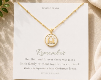 Christian Nativity Necklace Gift for Women, Gold Enamel Mary Joseph Baby Jesus Pendant, Christmas Jewelry, Jeffrey R. Holland Quote Card