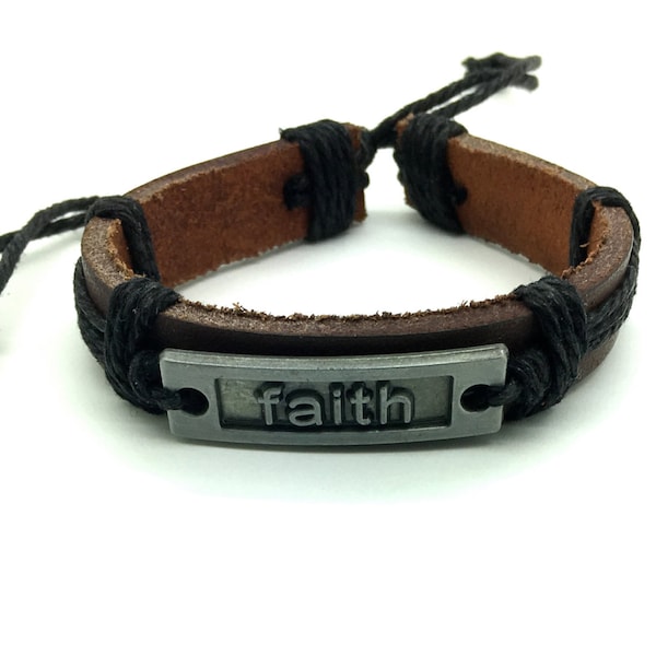 Faith Bracelet, Adjustable Leather Bracelet brushed silver metal plate stamped Faith, Unisex brown leather black rope, gift for him boys men