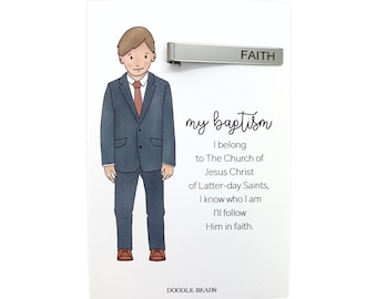 Regalo de bautismo para niño SUD, clip de corbata y tarjeta, Pertenezco a la Iglesia de Jesucristo... Lo seguiré con fe, Vista previa del bautismo, para nieto