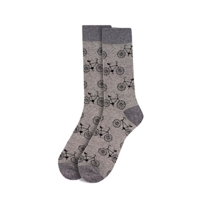 May include: A pair of gray socks with a black tandem bicycle pattern.