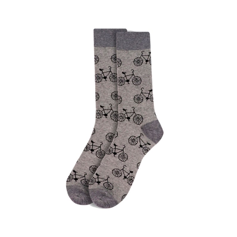 May include: A pair of gray socks with a black tandem bicycle pattern.