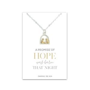 Kerst geboorte baby Jezus ketting, christelijk kerstcitaat, kaart, een belofte van hoop werd die nacht geboren, Maria en Jozef, cadeau voor haar