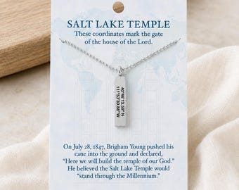 Salt Lake Temple GPS Coordinates Necklace, Engraved Stainless Steel Bar, 2027 Open House Keepsake
